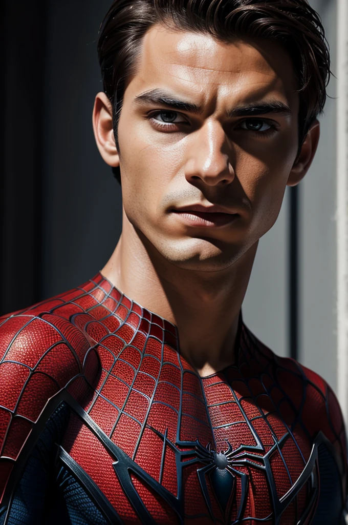 A photograph of Spider-Man., sin mascara, the 20s, elegant, detailed face, looking to the camera, portrait, 8k hd, high quality