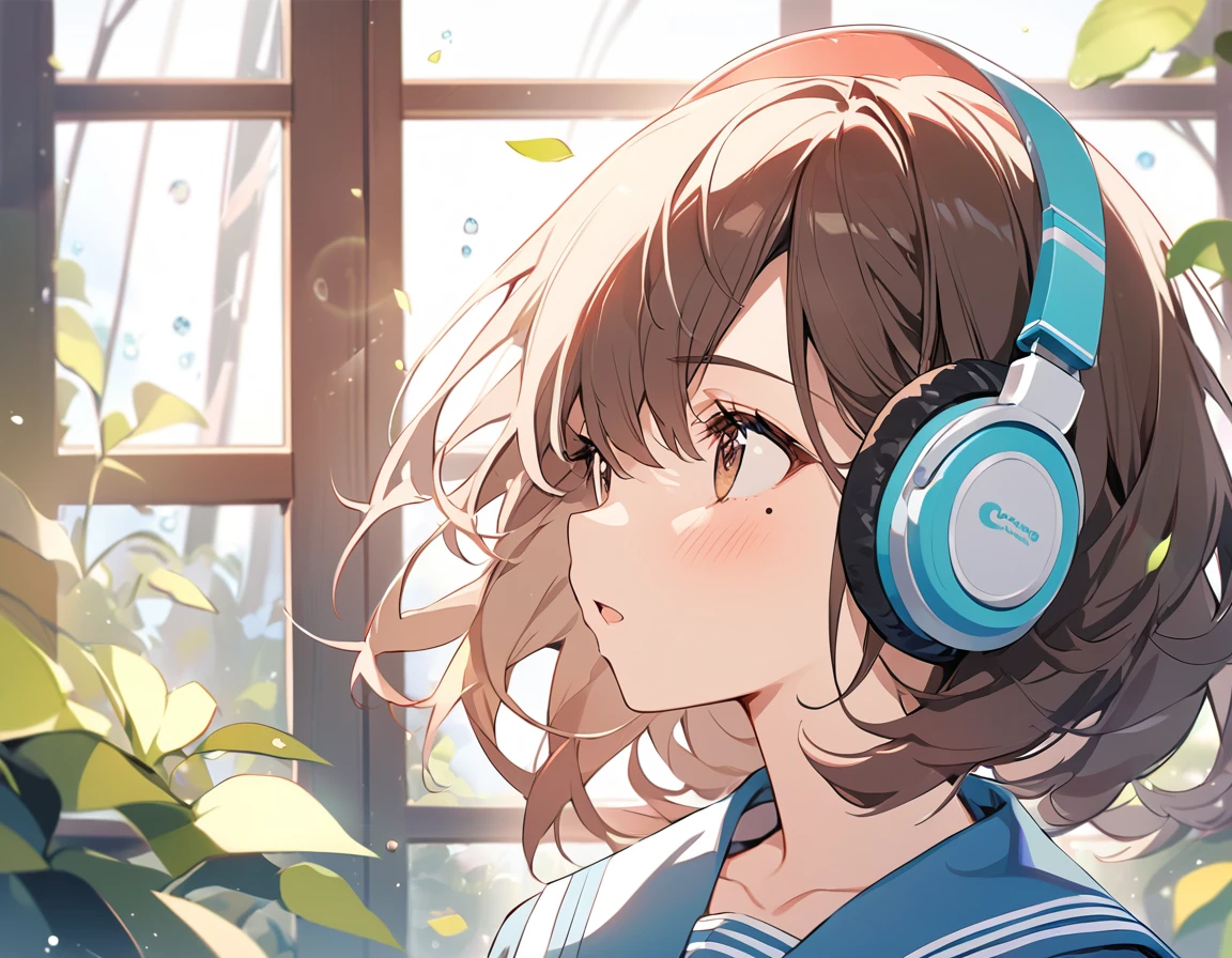 BREAK Perfect Anatomy、Highest quality、(cute:1.1)、(cute)、(High resolution:1.2)、Unbelievably absurd:1.3、Incredible illustrations、(cuteイラスト:1.2)、(Beautiful background、May rain、Window)、1gial(Dark brown hair、Headphones、mole under eye)(Sailor suit)(Close your eyes and sing to the sky)(singing)(Profile、upper body)