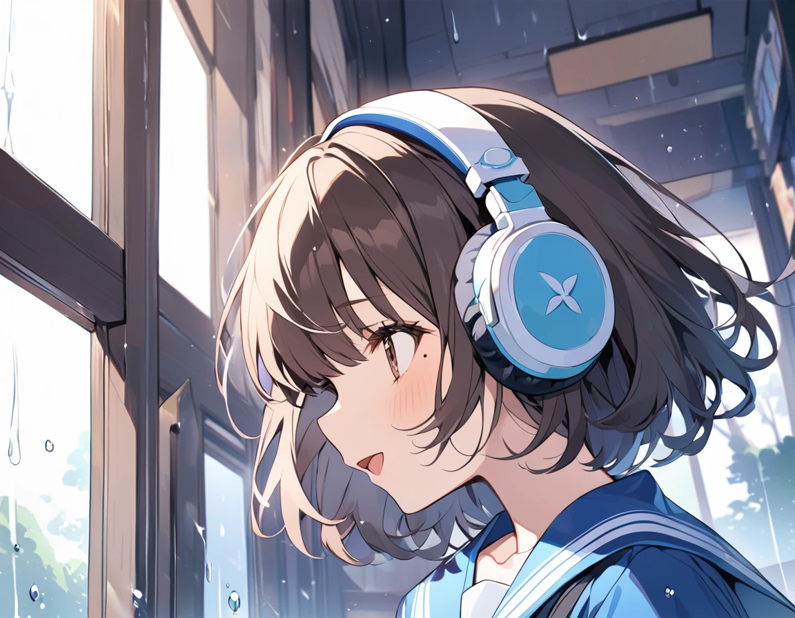 BREAK Perfect Anatomy、Highest quality、(cute:1.1)、(cute)、(High resolution:1.2)、Unbelievably absurd:1.3、Incredible illustrations、(cuteイラスト:1.2)、(Beautiful background、May rain、Window)、1gial(Dark brown hair、Headphones、mole under eye)(Sailor suit)(Close your eyes and sing to the sky)(singing)(Profile、upper body)
