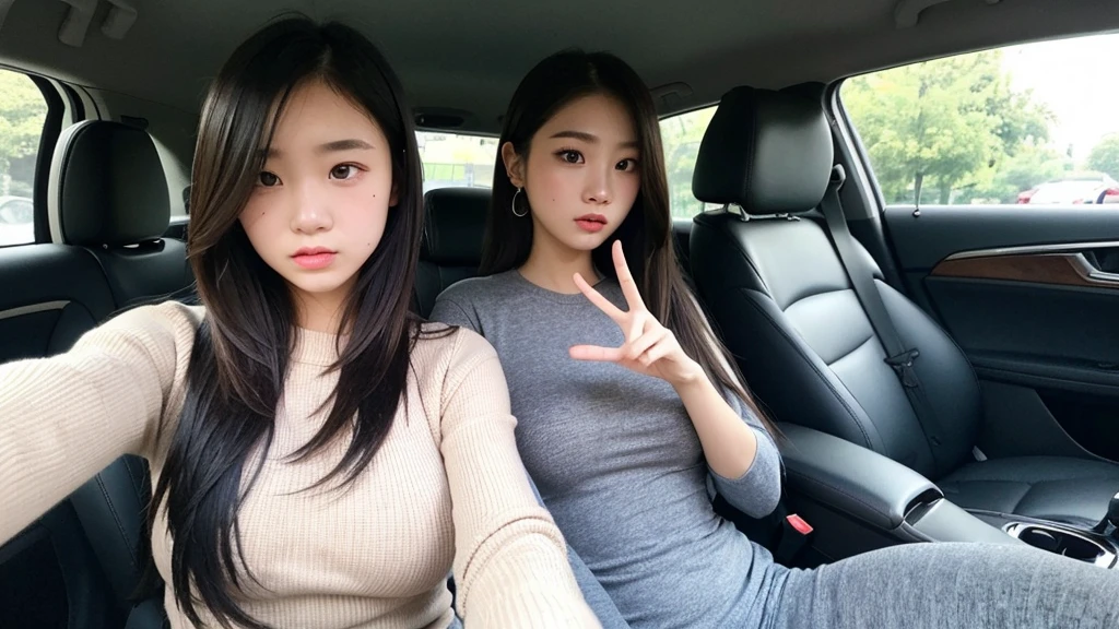 Indonesian girl 19-year-old Hairstyle Casual, F Cup Breasts wearing crewneck dress in car amd driving the car with her friend, they are scared because in front they car a thug pointed a gun at their car