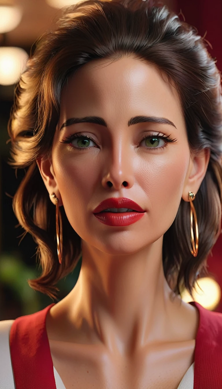 masterpiece, Highest quality, 8K, Official Art, Cinematic Light, Ultra-high resolution, Close-up photo of the face、One mature woman, Sexy mother, Earrings, Hair pulled back tightly、 View your viewers, hoop Earrings, Brown Hair, Brown eyes, Brown background, White T-shirt BREAK Green apron、, Red lips、