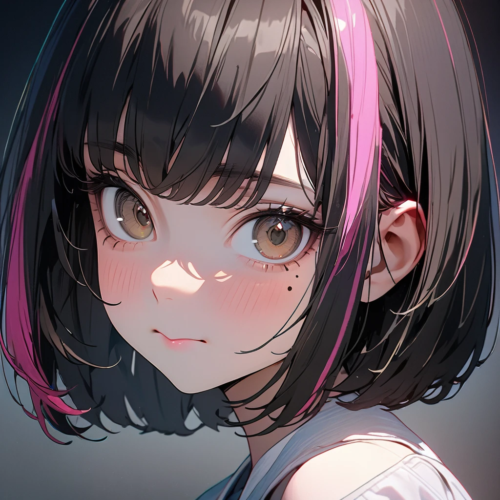 (8K,4K,best quality, master piece: 1.2), super high resolution,1 Beautiful woman,16yo,ultra-detailed face, detailed eyes,mascara,brown eyes,(mole under eye),:>,green Crop Top,(black hair, pink streaked hair),bob cut,looking at viewer,Portrait,Plain white background