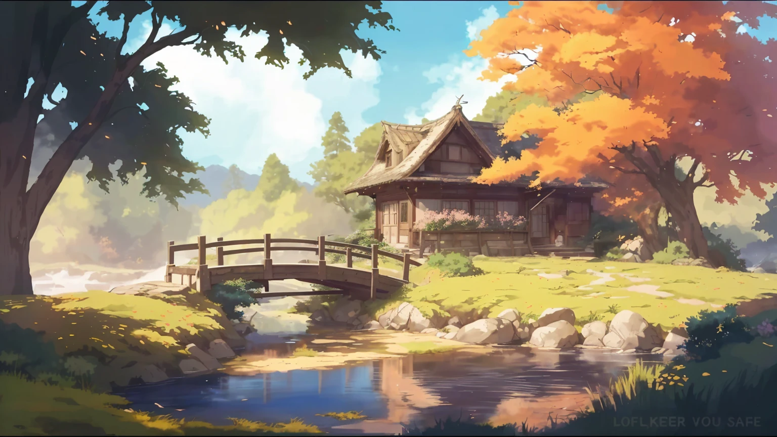 painting of a house in a forest with a bridge over a stream, concept art inspired by Studio Ghibli's animated films, pixiv contest winner, shin hanga, anime countryside landscape, anime background art, anime background, beautiful anime scenery, anime scenery, anime beautiful peace scene, anime landscape wallpaper, beautiful anime scene, anime landscape, anime scenery concept art, scenery artwork