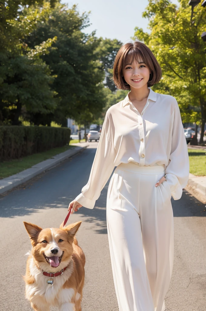 1woman, idol, bob cut, brown hair, sunrise, 20s, smile, look here, dog walking, white blouse, culotte pants