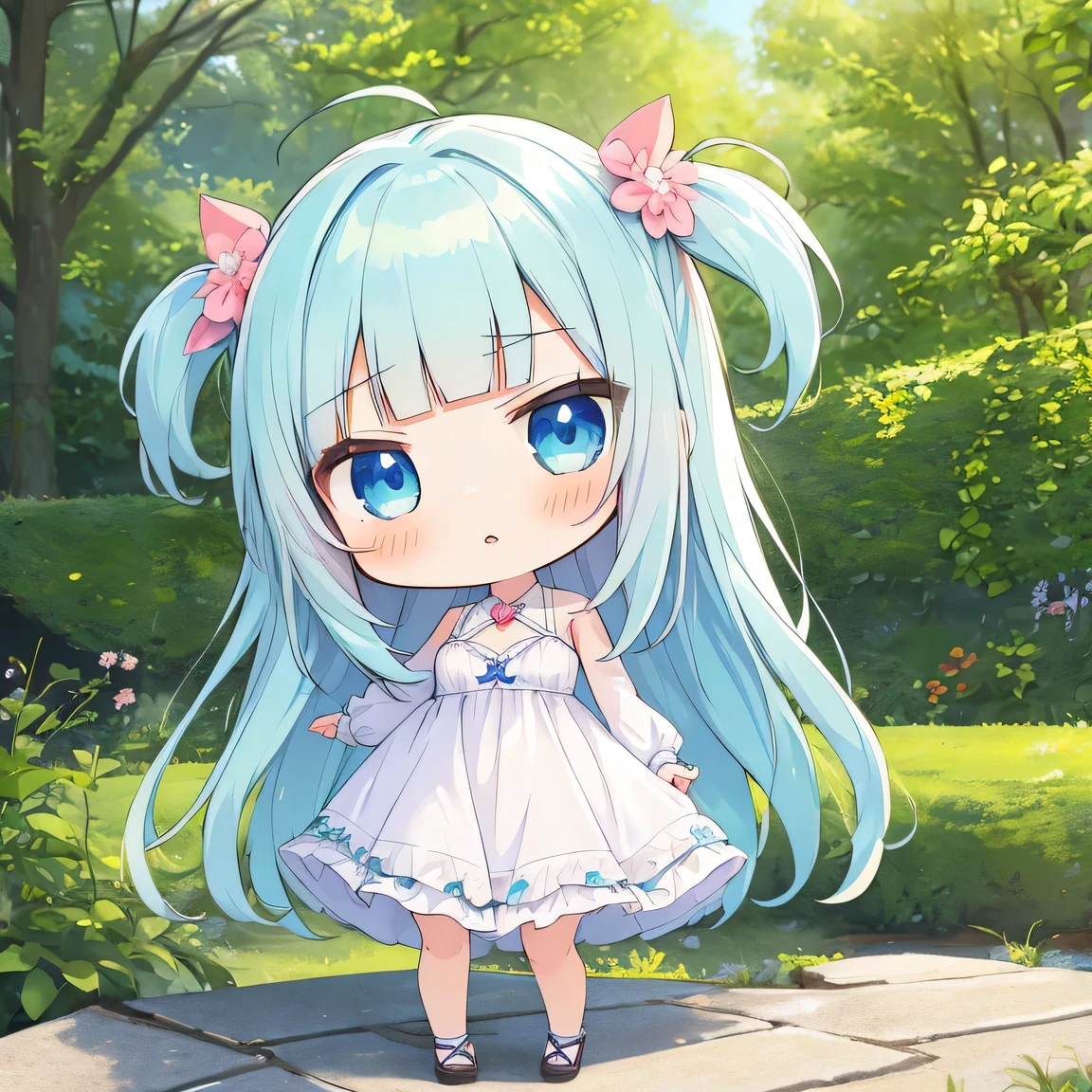 ((masterpiece)), ((best quality)), (ultra-detailed), ((kawaii)), cute, (lovely), illustration, anime style, full body, full body focus, (chibi:1.2), a cute girl, solo, 1girl, blue eyes, (bad mood:1.3), , slim, slender, medium breast, white sundress, (beautiful eyes), beautiful pale green hair, long hair, two side up, ((blunt bangs)), blue eyes, kouhai.