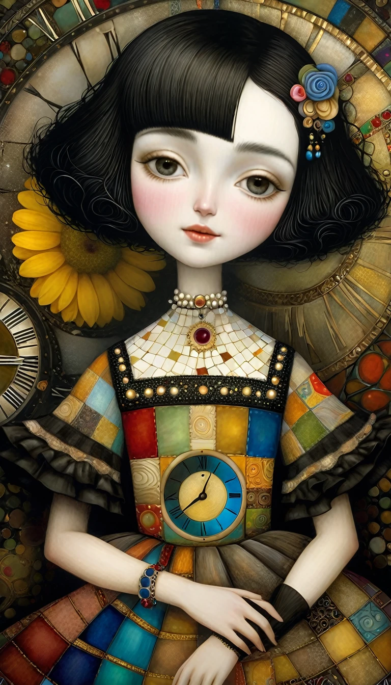 European woman with short black hair, Wide Skirt, Woman with short black hair, Wide Skirt, Smiling with a broken watch。Close up of the face。 Klimt-inspired patchwork style, Nicoletta Ceccoli, Naoto Hattori, Laurence Didier, and Leonora Carrington, Complex patterns and details, Photorealistic 8K resolution, masterpiece quality, Bright and vibrant colors, Dramatic lighting casts surreal shadows, Fantastic and whimsical elements, Magical realism atmosphere, Wide-angle perspective creates an illusion.
