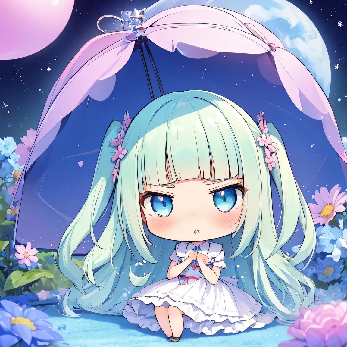 ((masterpiece)), ((best quality)), (ultra-detailed), ((kawaii)), cute, (lovely), illustration, anime style, full body, full body focus, (chibi:1.2), a cute girl, solo, 1girl, blue eyes, (bad mood:1.6), age15, slim, slender, medium breast, white sundress, (beautiful eyes), beautiful pale green hair, long hair, two side up, ((blunt bangs)), blue eyes, kouhai.