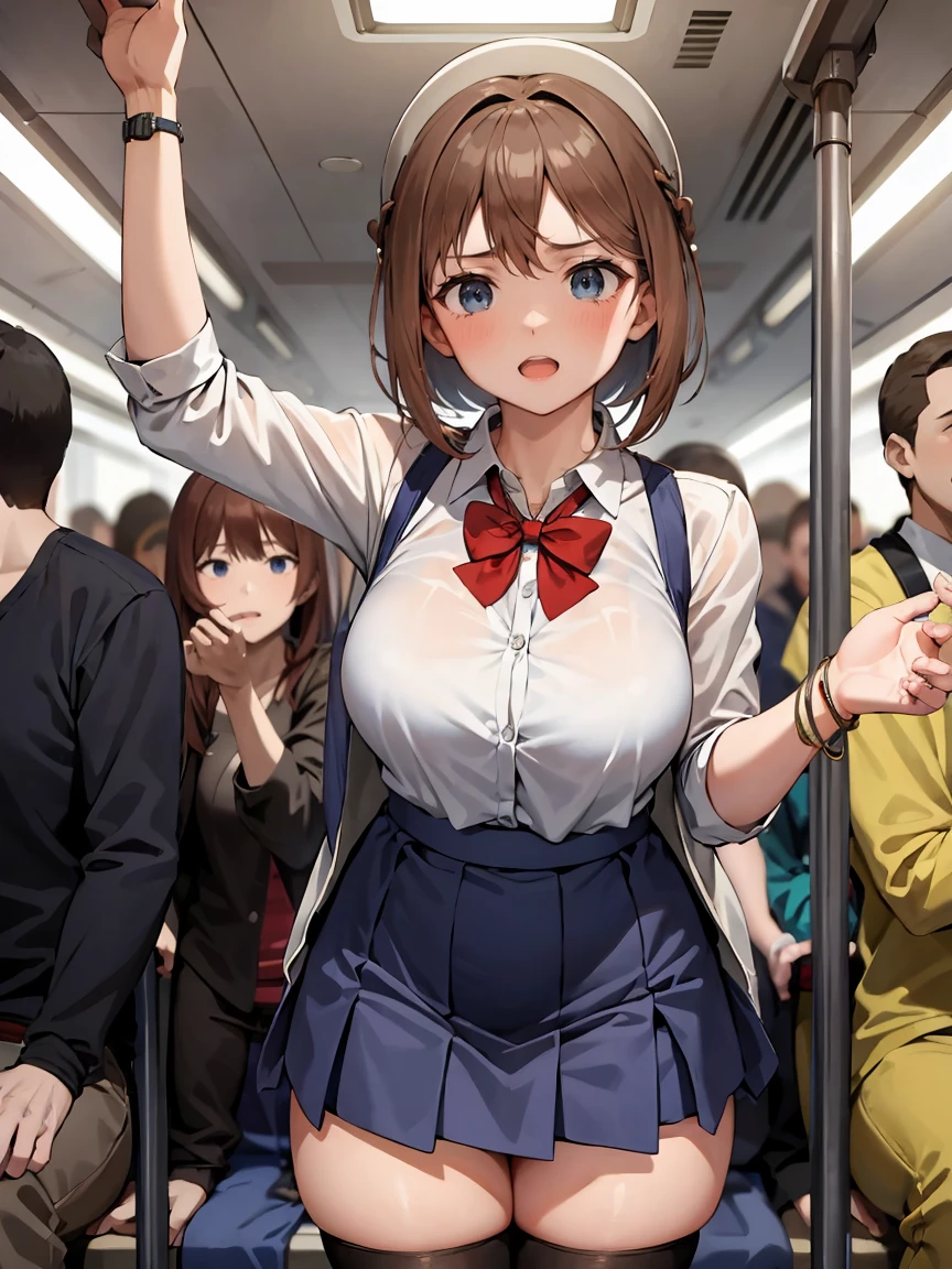 Crowded train、One Woman、Cute Woman、Many passengers、Best image quality、High resolution、masterpiece、super high quality、Lori、Girl ,Silver Hair, Bright Blue Eyes, Mid-?????,Red bow tie, Dark blue pleated skirt, Long sleeve shirt, Dark Blue Vest、Blushing、4K quality、Reached ??????、Wearing black knee socks、Heavy breathing、From directly below、From directly below、, 1 personの女の子, Raise your arms, 1 person, {{{The guy put his hand on the girl's ??????}}}, Inside the train, Crowded, Crying face、（Affirmative prompts）
(1 Girl)++, (masterpiece)+++, (Highest quality)+++, (Super cute)+++, lovelive!, Anime Color, , tears, (vapor)+++ , Being abused ,feigned ignorance, wearing blazer whiteshirt ,Check skirt , (Roll up your shirt), Out of place bra ,arched back, Crowded train,  (Many men standing behind a girl )++, Dynamic pose, Dynamic hand movements, (Grab your ?????)+++, A man grabs a woman's arm , (Hands frying), (Floating Hand), (Grab ???????????),
