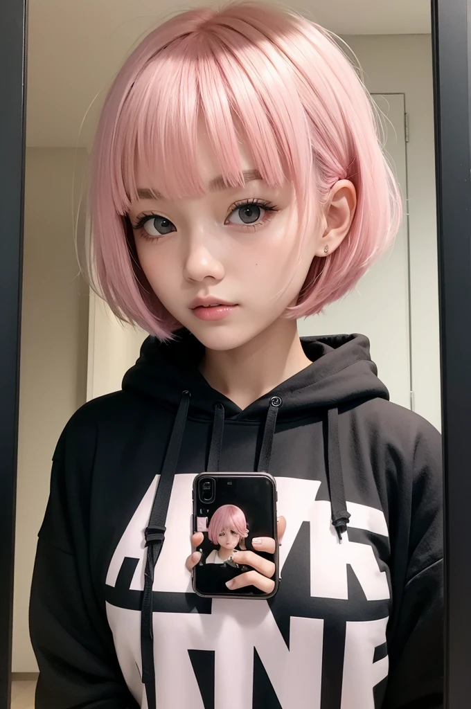 girl with short pink hair on her shoulders with bangs in a black hoodie taking a selfie