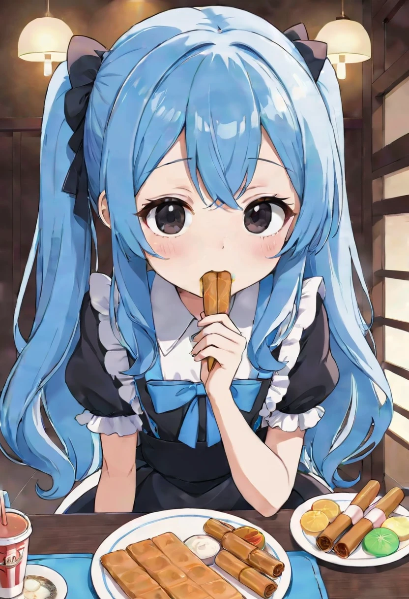 Light blue long hair、Twin-tailed Girl, black eye、Cute girl anime visuals, Anime Moe Art Style, Splash Art Anime 、2D Anime Style, Eating Pocky、Cute Lolita Costume