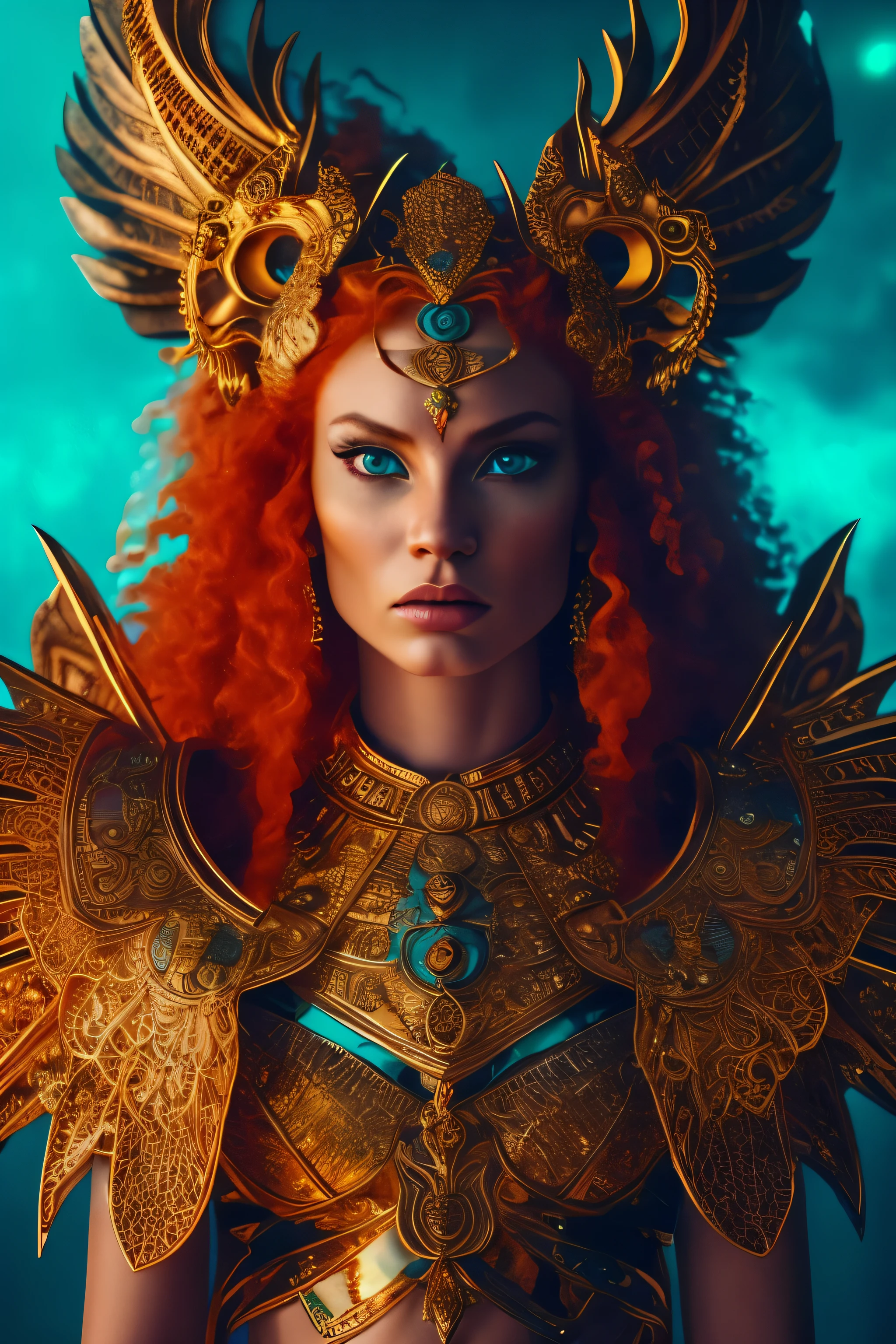 a fierce lioness warrior goddess, goddess sekhmet, pale skin, powerful goddess of war, healing and destruction, photorealistic, gold and turquoise headdress, piercing blue eyes, regal expression, intricately detailed ornate armor, flowing red hair, muscular feline body, large wings, mystical aura, volumetric lighting, glowing energy, vibrant colors, 8k, hyper detailed