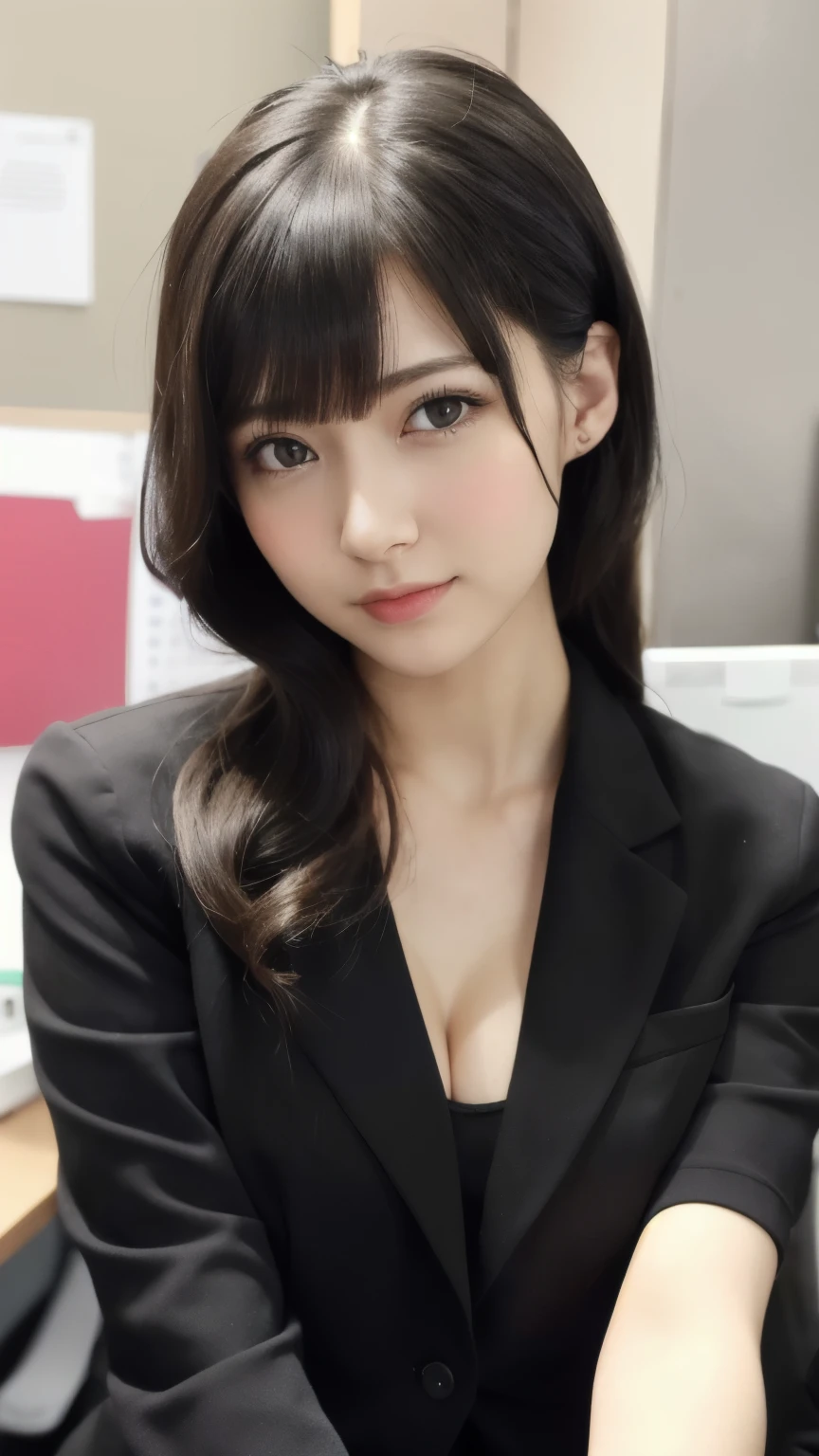 (RAW Photos, Highest quality), (Realistic, photo-Realistic:1.3), masterpiece, Very delicate and beautiful, Very detailed, CG, Unity , 2k wallpaper, wonderful, In detail, A light smile, Very detailed CG Unity 8k wallpaper, Large file size, Very detailedな, High resolution, Absurd, Soft Light, (((Black Hair、Medium Hair:1.3), Short bangs, NovaFrogStyle)), Beautiful detailed girl, Detailed fingers, Very detailed eyes and face, Beautiful and detailed nose, Beautiful details, Long eyelashes, Light on the face, Show Viewer,((Office Suits:1.5)), One Girl, cute, young, Adult face, (whole body:1.3), Realistic face, Realistic body, Beautiful thigh detail,