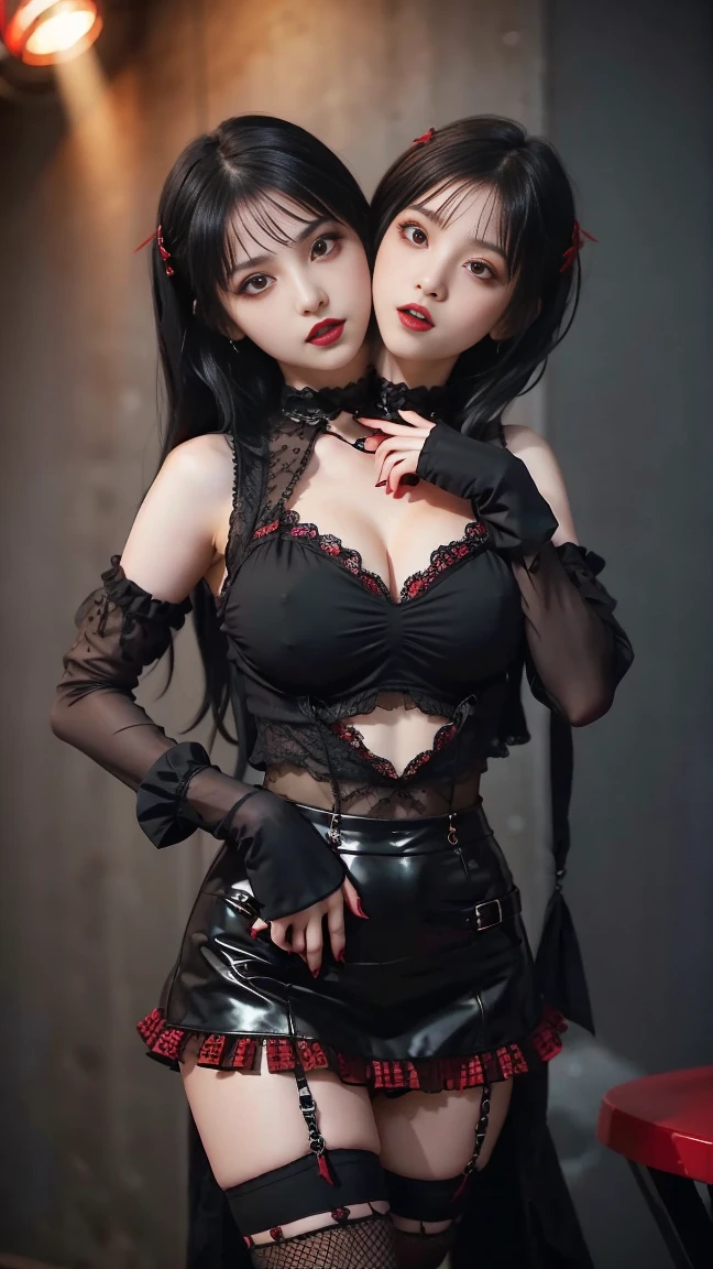Vampire idol in gothic punk style.、big and full breasts、beautiful foot、、、Good style、、、Black and red punk ta gothic fashion(、a miniskirt)、、、Black hair with red mesh.、Absolutely、cool expression、Illuminated by a red spotlight, united_dicephalus, (Two heads:1.2)