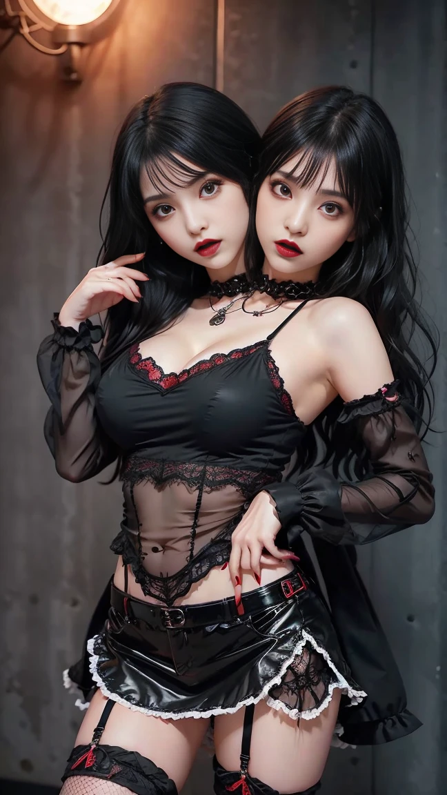 Vampire idol in gothic punk style.、big and full breasts、beautiful foot、、、Good style、、、Black and red punk lolita gothic fashion（、a miniskirt）、、、Black hair with red mesh.、Absolutely、cool expression、Illuminated by a red spotlight, united_dicephalus, (Two heads:1.2)