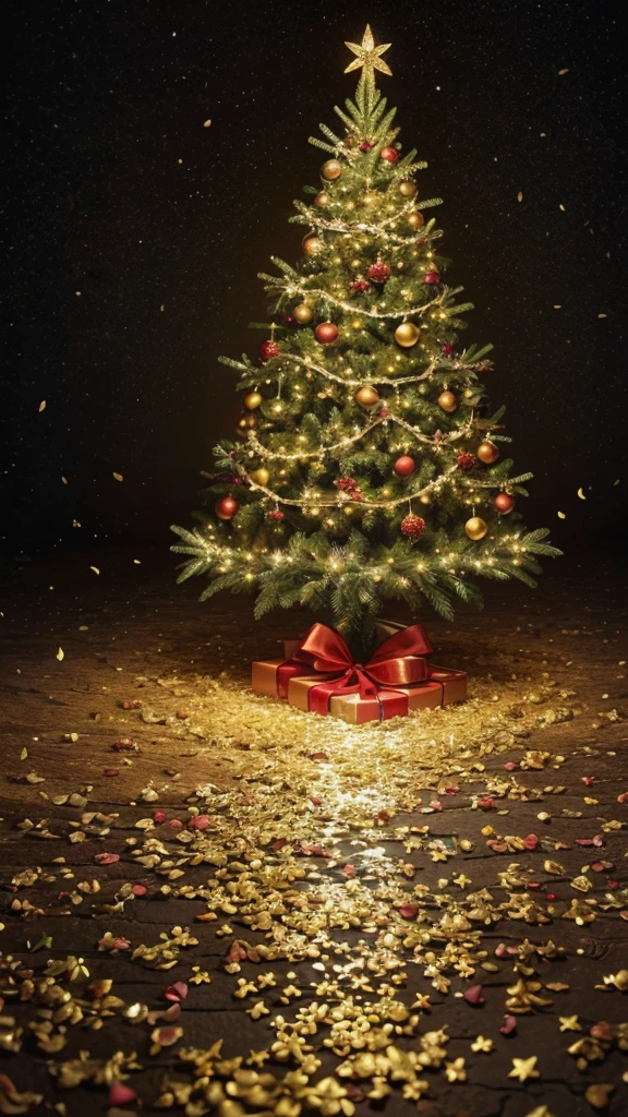 Create a high-quality painting, creative view of a small Christmas tree with several golden stars on the tree and on the ground below it many rose petals scattered on the ground.