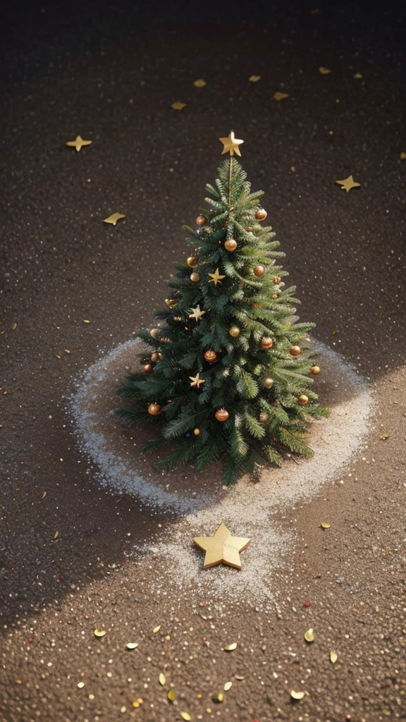 Create a high-quality painting, creative view of a small Christmas tree with several golden stars on the tree and on the ground below it many rose petals scattered on the ground.