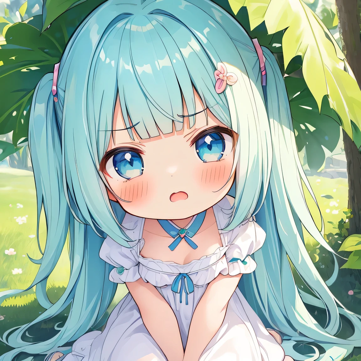 ((masterpiece)), ((best quality)), (ultra-detailed), ((kawaii)), cute, (lovely), illustration, anime style, face focus, (chibi:1.2), a cute girl, solo, 1girl, blue eyes, (bad mood:1.4), age15, slim, slender, medium breast, white sundress, (beautiful eyes), beautiful pale green hair, long hair, two side up, ((blunt bangs)), blue eyes, kouhai.