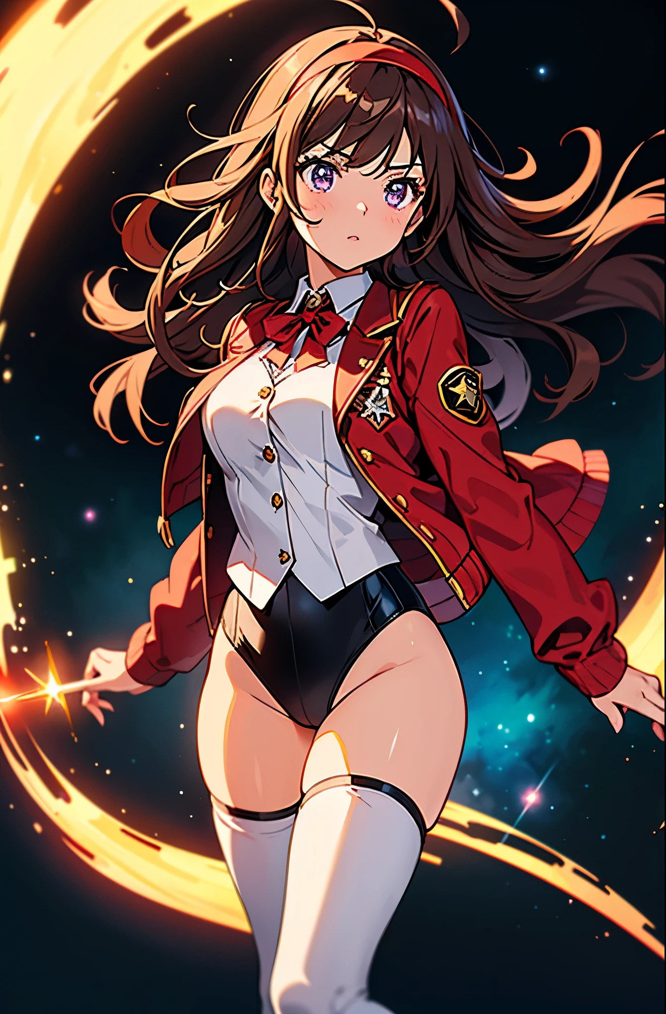 Woman with brown eyes, age 21 (medium hair, dark brown hair, wavy hair, red hairband), ahoge, ((white blouse with black stars, vest, red jacket with stars)), (leotard, bare legs, matching thigh highs, black thigh highs, high-heel shoes), purple stellar energy around, cosmic power, cosmic shining power. purple eyes, beautiful detailed eyes, beautiful detailed face, cute face, perfect hands, complete fingers, perfect anatomy, perfect proportions. (casting a spell). full body costume design, full body, cowboy shot.