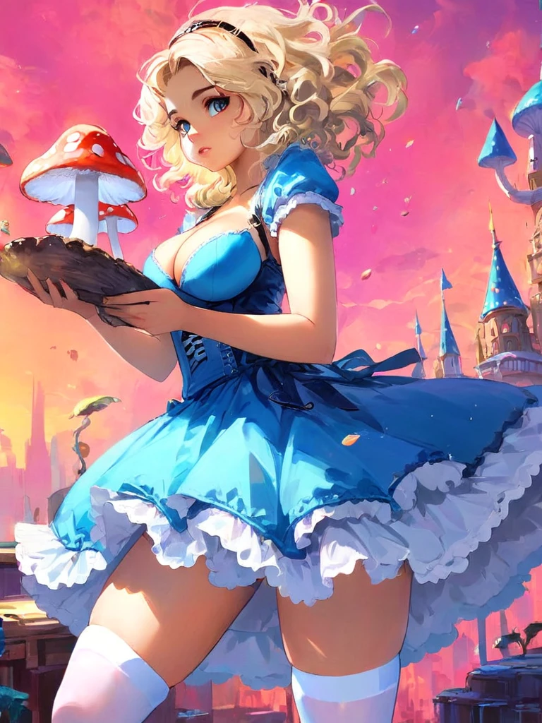 a beautiful 20 year old blonde woman with big messy hair in a blue dress, white stockings, black headband, cleavage, holding a glowing mushroom, fantasy art style, rossdraws cartoon vibrant, alice in wonderland cyberpunk, cute detailed digital art, colorfull digital fantasy art, digital fantasy art ), glossy digital painting, rossdraws pastel vibrant, rossdraws 2. 5, rossdraws 1. 0