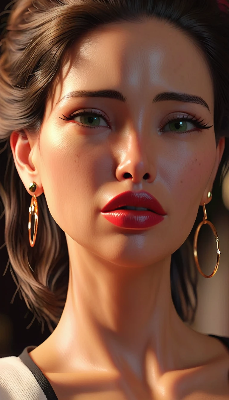 masterpiece, Highest quality, 8K, Official Art, Cinematic Light, Ultra-high resolution, Close-up photo of the face、One mature woman, 45 talents、Round face、Sexy mother, Earrings, Hair pulled back tightly、 View your viewers, hoop Earrings, Brown Hair, Brown eyes, Brown background, White T-shirt BREAK Green apron、, Red lips、