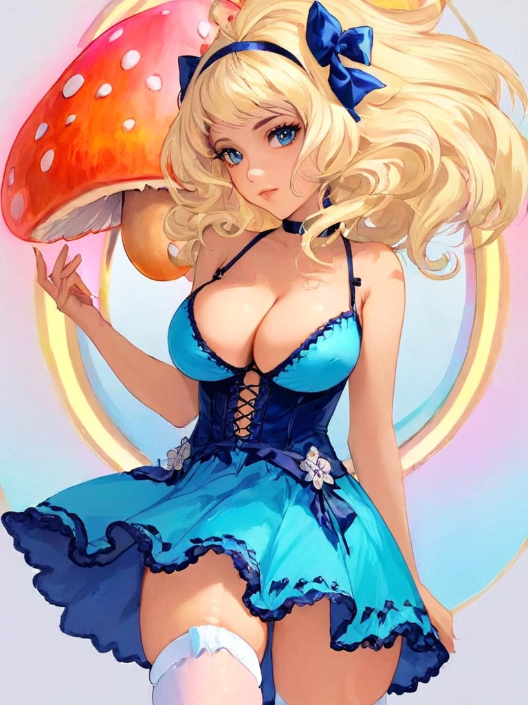 a beautiful 20 year old blonde woman with big messy hair in a blue dress, white stockings, black headband, cleavage, holding a glowing mushroom, fantasy art style, rossdraws cartoon vibrant, alice in wonderland cyberpunk, cute detailed digital art, colorfull digital fantasy art, digital fantasy art ), glossy digital painting, rossdraws pastel vibrant, rossdraws 2. 5, rossdraws 1. 0