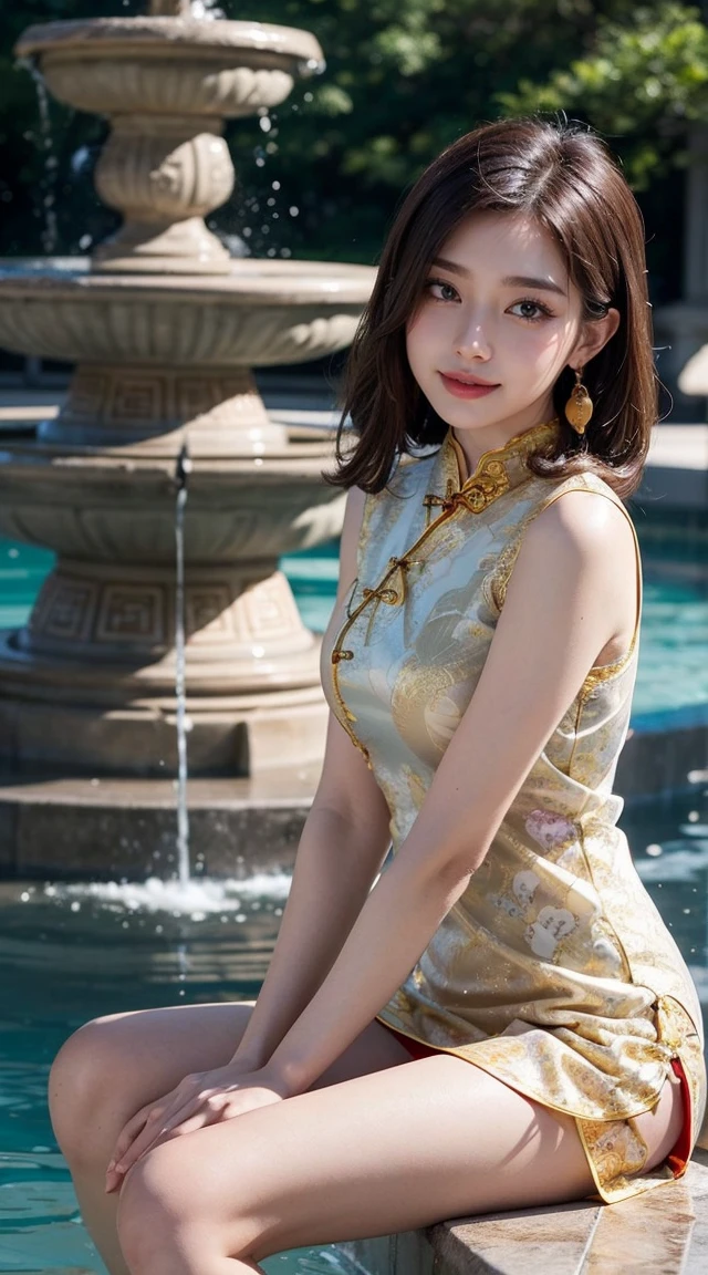 Top-quality Realistic,Official art,Highly detailed CG Unity 8k wallpaper,ultra-detailliert,hight resolution,Physically-based rendering,Magnificat,finely detail,masterpiece,Best Quality,ultra detailed, Face Light,Mature beauty,Beautiful girl,1girl,moist lips, lips, smile,Gentle smile, 20 years old, Beautiful ,Smooth ,(Beautiful and radiant skin), big well-shaped , beautiful ,beautiful Mature body,swept bangs,(Medium hair:1.3), beautiful detailed eyes,model shoot style,Japanese Idol, Full-body,((Sitting beside a large white marble fountain)),BREAK,(Sit on the edge of the fountain and dip your feet in the water:1.2),((Red and gold-embellished Cheongsam from the Ming Dynasty:1.5)),BREAK,(Heart shaped necklace),(Triangle ornament earrings),BREAK,(upper body:1.3),(),looking up,from above,gentle smile like a goddess, ((Extreme close-up)),((Splashing in the fountain)),