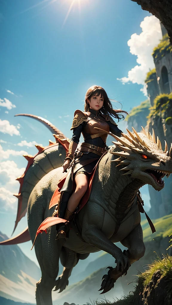 A girl riding on a dragon's back crosses the sea