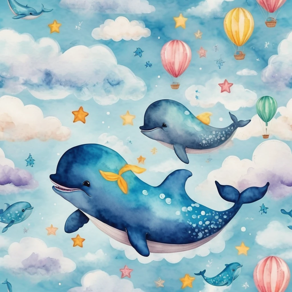 cute baby whales in the clouds, best quality, colorful, enchanting, whimsical