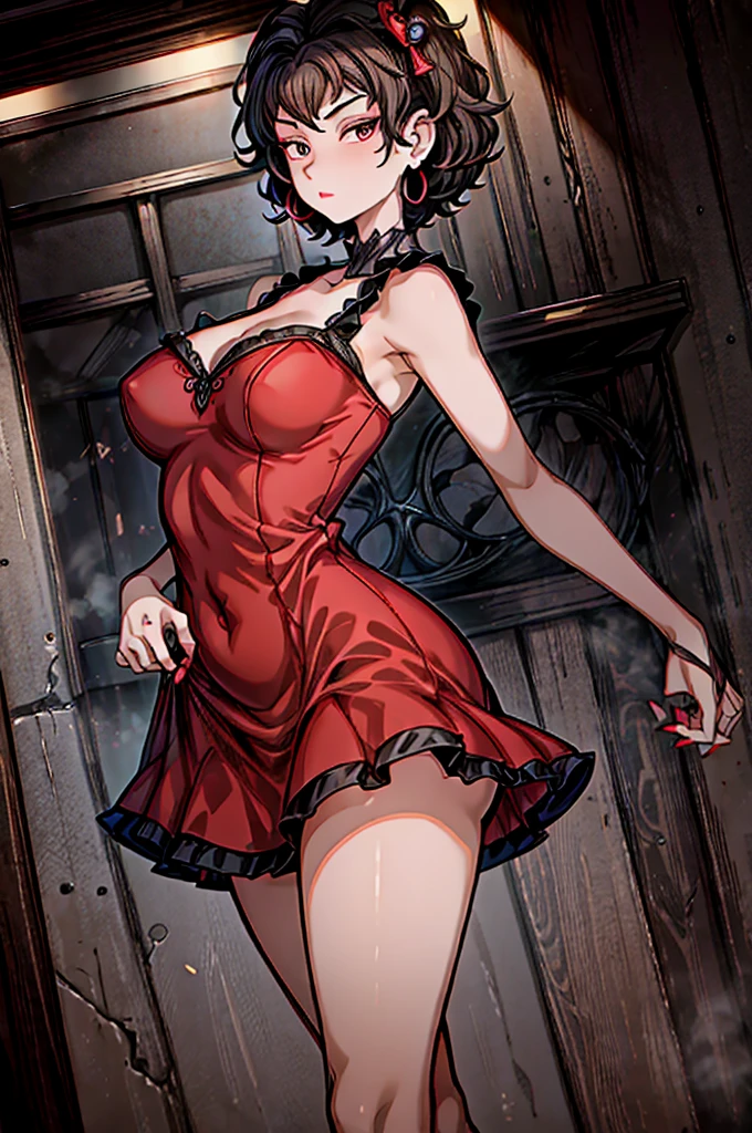 (8K HDR photorealistic pic), Betty Boop, short, althetic,  lady, ((tight little red dress)), dark eyebrows, black lipstick, (hoop earrings), dark eyeshadow, black lipstick, , , (curly short black hair), shortstack, (retroussé ), darling figure, (supple pouting ), firm thighs, hourglass figure, kerchief, big brown eyes, dancing seductively