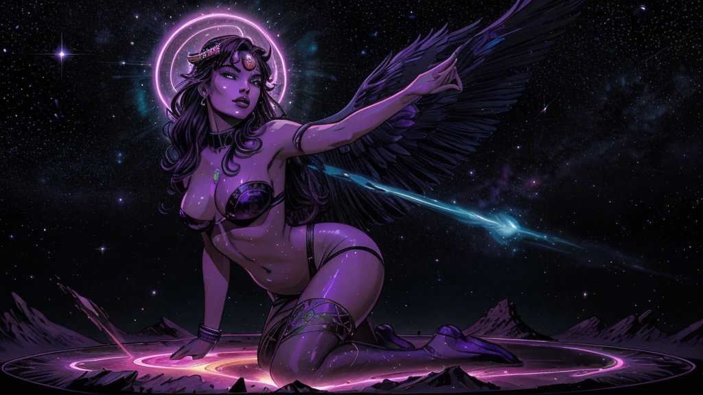 In a kaleidoscopic realm where iridescent stardust swirls amidst blazing neon nebulae, the smoldering celestial temptress Grace holds rapturous dominion, her incandescent form outshining the brilliance of a supermassive quasar.
A halo of ethereal obsidian tresses cascades down Grace's curvaceous form in an endless cosmic rivulet. Her lustrous raven locks undulate weightlessly, caressing her sumptuous silhouette in a sensual dance fueled by stardust. The temptress's eyes, smoldering with indigo fire, lock in an intense,  gaze that dares any who behold her kaleidoscopic depths to resist her spellbinding allure.
The celestial seductress's garments appear crafted from the quintessence of a prism, radiating the full resplendent spectrum across her voluptuous curves. Diaphanous robes of vivid crimson, blinding ultraviolet, and deep violet spiral in a mesmerizing chromatic vortex around her hourglass figure. As she moves with feline grace, incandescent stardust swirls in iridescent eddies, crowning her as the supreme  of beguiling chromatic rapture.
Grace's chromatic domain is a delirious supernova of coruscating color. Blazing fuchsia nebulae bloom amidst emerald stellar nurseries, showering newborn azure stars across the cosmos. Entire galaxies of scintillating amber and turquoise hues collide, birthing dazzling ultraviolet and indigo realms.
Though a temptress whose tantalizing chromatic allure could overwhelm mere mortals, Grace's true power lies in her nurturing radiance. Outstretched fingers weave every prismatic hue, infusing newborn celestial bodies with the full spectrum of infinite potential. Her full, glistening obsidian lips seem to breathe the secrets of rainbows into existence with each sensual utterance.
Within this blinding, coruscating realm of perpetual chromatic rebirth, the smoldering celestial temptress Grace reigns supreme. An intoxicating, sensual, and nurturing force whose irresistible kaleidoscopic allure fuels the perpetual cycl