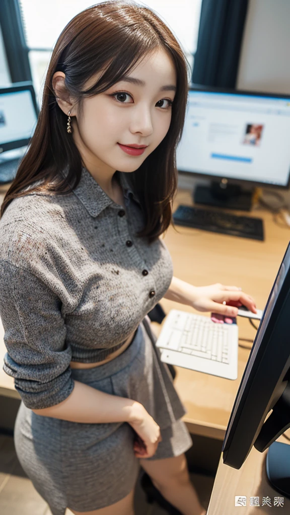 ((top-quality、​masterpiece、photographrealistic:1.4、in 8K))、Beautuful Women１a person、25years old、beautiful hairl、delicate and beautiful face、Eyes and faces with detailed 、(Modern workplace with computer:1.2)、(Shirt:1.2)、(standing:1.2)、A smile、Beautiful lighting、Textured skin、Super Detail、high detailing、High quality、hight resolution、（looking at the viewers）、Detailed mouth、Opening Mouth、full body Esbian、tight skirts、Women at work、Fishnet Stockings、Coffee、window、Women who can work、high-heels