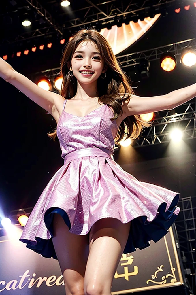 (Highest quality), (High resolution), Idol girl, Cute face, Brown Hair, Long Hair, Normal height, Small breasts,　Very slim, Idol Costumes, A big smile, Standing and waving, Concert Venues, On stage, In the foreground are the backs of many spectators.