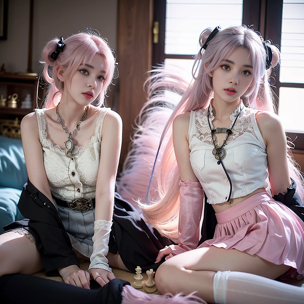 One woman, 14 years old, (((pastel tuxedo suit with lace, frills and chiffon))), (((flared mini skirt))), (((pink hair))), (((thick bangs))), (((princess cut))), (((twin-tail, twin drill))), (((black lace knee-high socks))), (((pocket watch, afternoon tea, chess))), very deep depth of field, dramatic and very dark cinematic lighting, round face, very large jewel-like dark grey eyes, long eyelashes, thin nose, small mouth, very thin lips, no makeup, clear skin without blemishes, slender body, (((very realistic photos))), (((16K, high resolution))), (((UHD))), (((top quality))), (((masterpiece))), (((super detail))), (((anatomically correct))).