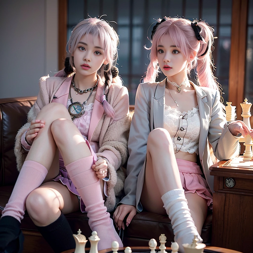One woman, , (((pastel tuxedo suit with lace, frills and chiffon))), (((flared mini skirt))), (((pink hair))), (((thick bangs))), (((princess cut))), (((twin-tail, twin drill))), (((black lace knee-high socks))), (((pocket watch, afternoon tea, chess))), very deep depth of field, dramatic and very dark cinematic lighting, round face, very large jewel-like dark grey eyes, long eyelashes, thin nose, small mouth, very thin lips, no makeup, clear skin without blemishes, slender body, (((very realistic photos))), (((16K, high resolution))), (((UHD))), (((top quality))), (((masterpiece))), (((super detail))), (((anatomically correct))).