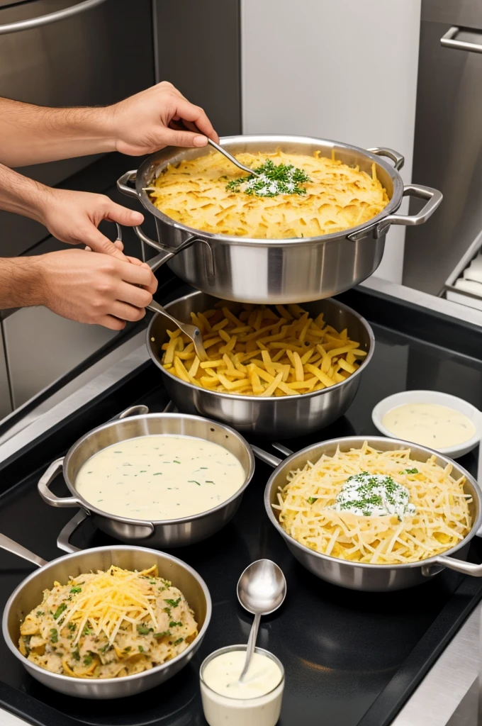 Walusa potato meal platter with three cheese bechamel sauce, being prepared in a professional kitchen 