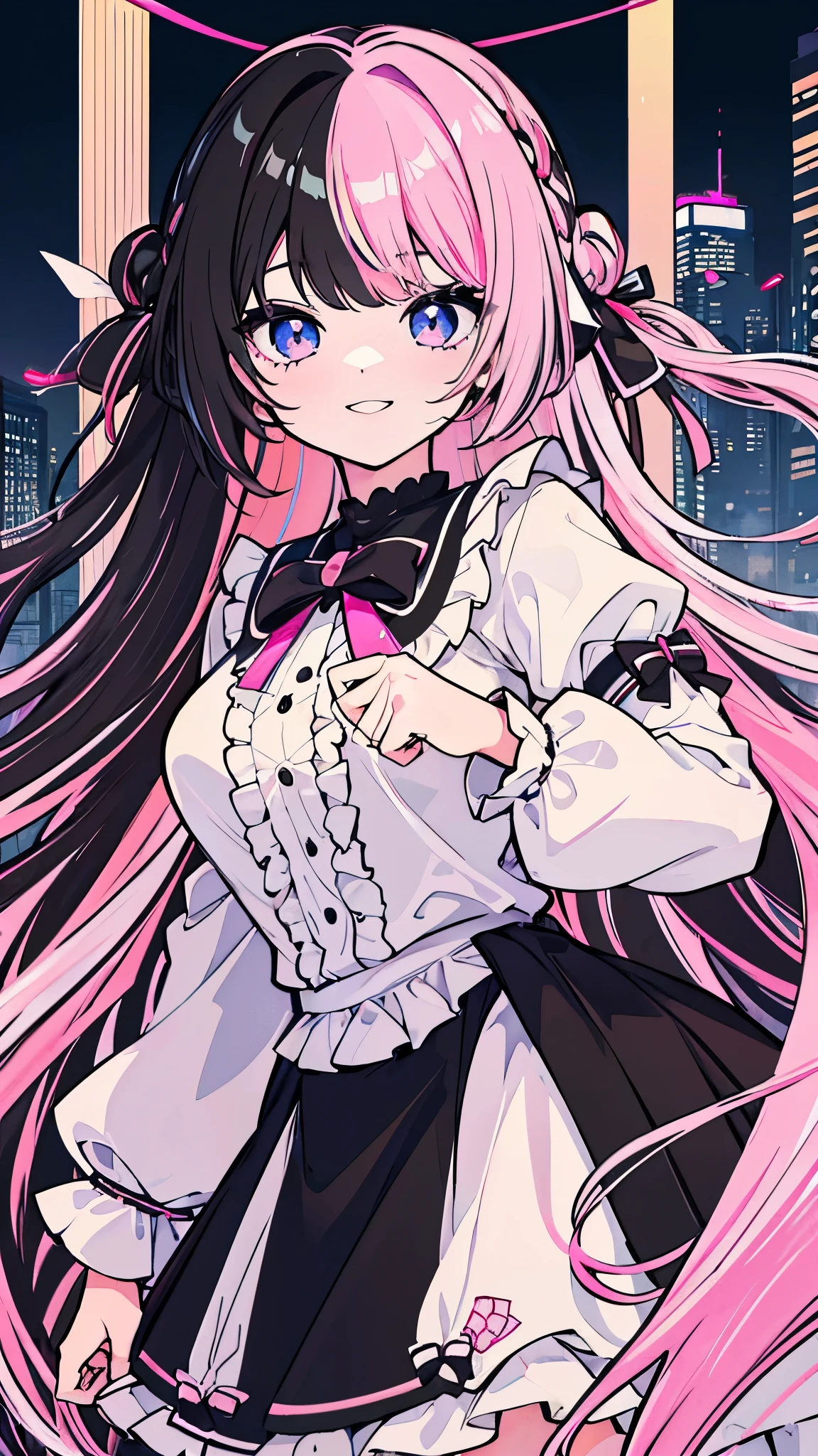 (8K、Best image quality、Highest quality、masterpiece)、Detailed face、 One girl、TachibanaHinano、Long Hair、Wavy Hair、Braiding、ribbon、((split-color hair, black hair, pink hair:1.3))、Light blue eyes、evil smile、Moderate breasts、((White ruffled clothes))、Long sleeve、ribbon、((Black lattice frill skirt))、Cowboy Shot、City Background