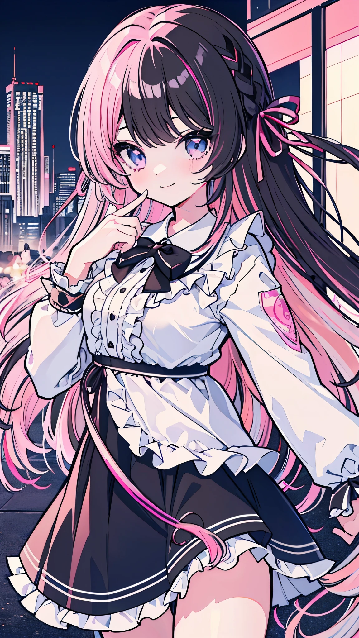(8K、Best image quality、Highest quality、masterpiece)、Detailed face、 One girl、TachibanaHinano、Long Hair、Wavy Hair、Braiding、ribbon、((split-color hair, black hair, pink hair:1.3))、Light blue eyes、evil smile、Moderate breasts、((White ruffled clothes))、Long sleeve、ribbon、((Black lattice frill skirt))、Cowboy Shot、City Background

