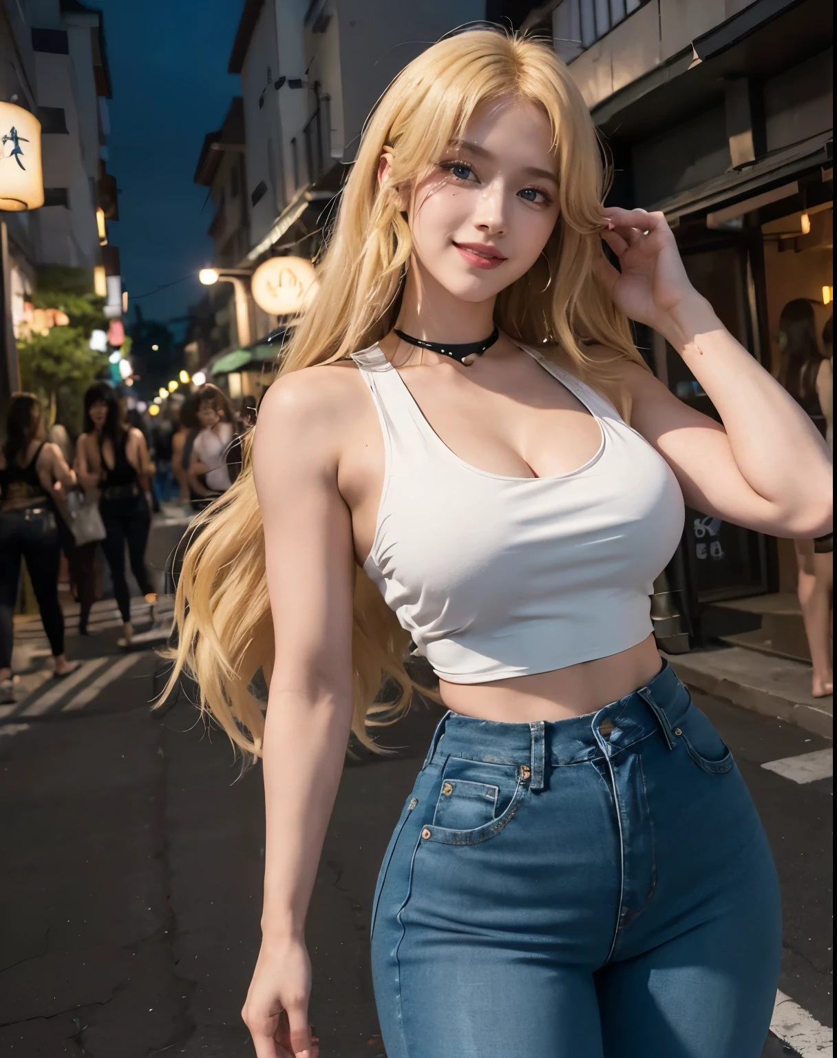 1girl, (Blue Eyes), (smiling :1.2), (Sana Minatozaki), wide hips, (big tits :1.1), (big ass), (thin waist :1.2), (thick thighs), (toned legs :1.1), muscle, (Best Quality, 8k, Masterpiece: 1.3), Clear Focus: 1.2, Perfect Body Beauty: 1.4, (strong abs :1.2), Highly detailed face and skin texture, detailed eyes, double eyelids, (shiny skin :1.2), (long blonde hair :1.2), (black scoop neck tank top cleavage :1.2), (jeans :1.1), standing, dynamic pose, in a Japanese residential neighborhood at night, illuminated by streetlights