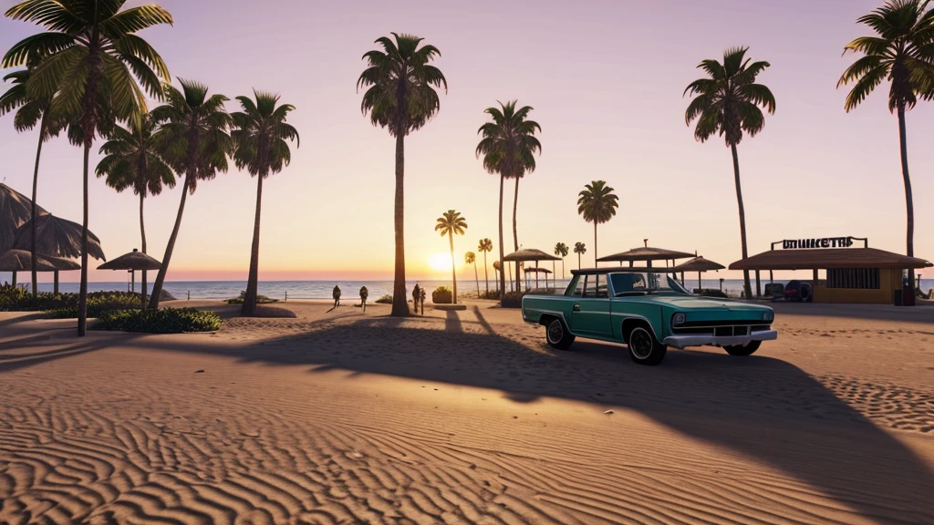 Create a GTA 5 Los Santos Beach pictur, no cars, palm trees, detailed, perfect, sunset