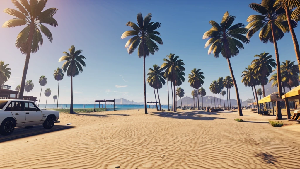 Create a GTA 5 Los Santos Beach pictur, no cars, palm trees, detailed, perfect, sunset