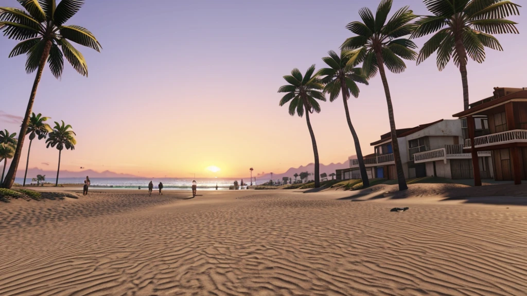 Create a GTA 5 Los Santos Beach pictur, no cars, palm trees, detailed, perfect, sunset