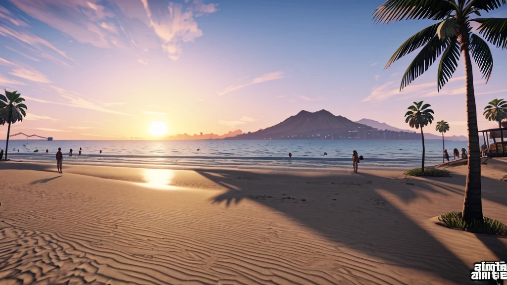 Create a GTA 5 Los Santos Beach pictur, no cars, palm trees, detailed, perfect, sunset