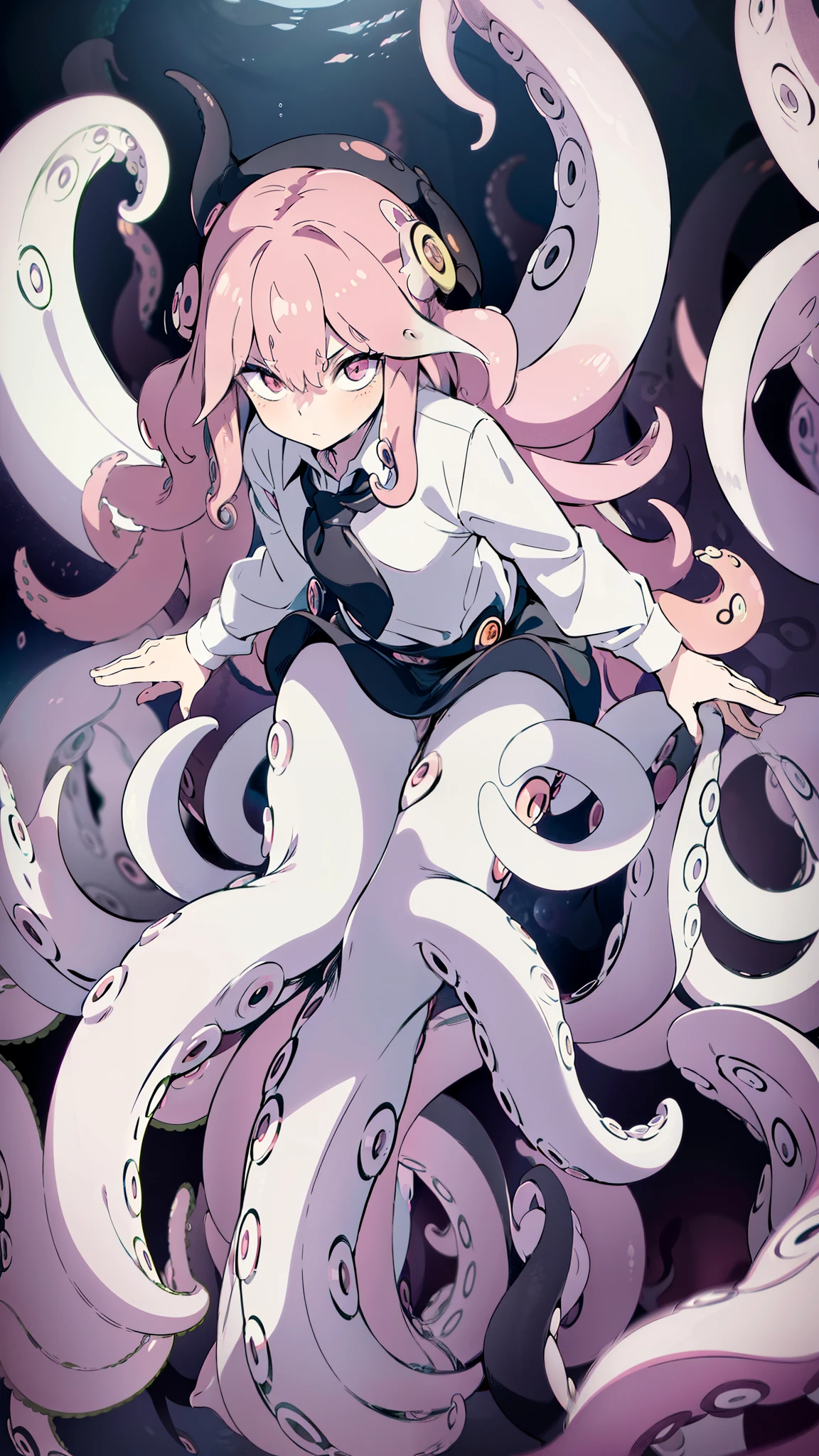 ((best quality)), ((highly detailed)), absurdres, (detailed eyes),1girl,20 years old,solo,long hair,pink hair,(((white shirt,black standart tie,black skirt))),dynamic pose, cowboy shot, (((scylla))), (((octopus girl))), standing, (tentacles:1.33), (suction cups:1.33), (fused:1.33), ((tentacle legs)), squidlegs, ((underwater,sea, aurora,night)),leaning forward, serious,cute,reaching out