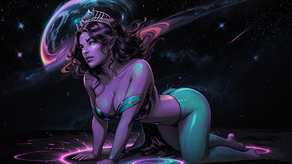 In a kaleidoscopic realm where iridescent stardust swirls amidst blazing neon nebulae, the smoldering celestial temptress Grace holds rapturous dominion, her incandescent form outshining the brilliance of a supermassive quasar.
A halo of ethereal obsidian tresses cascades down Grace's curvaceous form in an endless cosmic rivulet. Her lustrous raven locks undulate weightlessly, caressing her sumptuous silhouette in a sensual dance fueled by stardust. The temptress's eyes, smoldering with indigo fire, lock in an intense, penetrating gaze that dares any who behold her kaleidoscopic depths to resist her spellbinding allure.
The celestial seductress's garments appear crafted from the quintessence of a prism, radiating the full resplendent spectrum across her voluptuous curves. Diaphanous robes of vivid crimson, blinding ultraviolet, and deep violet spiral in a mesmerizing chromatic vortex around her hourglass figure. As she moves with feline grace, incandescent stardust swirls in iridescent eddies, crowning her as the supreme mistress of beguiling chromatic rapture.
Grace's chromatic domain is a delirious supernova of coruscating color. Blazing fuchsia nebulae bloom amidst emerald stellar nurseries, showering newborn azure stars across the cosmos. Entire galaxies of scintillating amber and turquoise hues collide, birthing dazzling ultraviolet and indigo realms.
Though a temptress whose tantalizing chromatic allure could overwhelm mere mortals, Grace's true power lies in her nurturing radiance. Outstretched fingers weave every prismatic hue, infusing newborn celestial bodies with the full spectrum of infinite potential. Her full, glistening obsidian lips seem to breathe the secrets of rainbows into existence with each sensual utterance.
Within this blinding, coruscating realm of perpetual chromatic rebirth, the smoldering celestial temptress Grace reigns supreme. An intoxicating, sensual, and nurturing force whose irresistible kaleidoscopic allure fuels the perpetual cycl