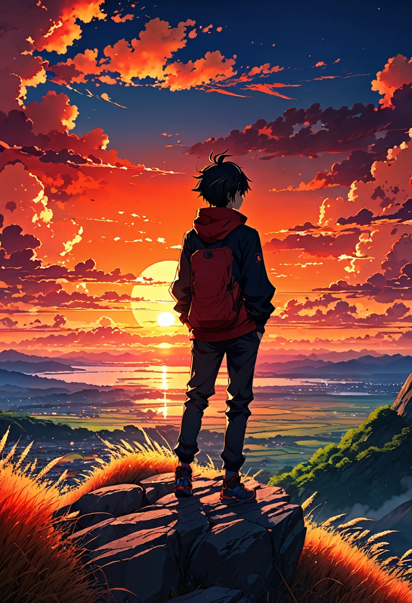 anime landscape of a boy on a hill of rocks with grasses, sunset with orange and red infernal clouds, anime nature wallpapers, beautiful anime scene, beautiful anime peace scene, Makoto Shinkai Cyril Rolando, beautiful scene of anime, amazing wallpaper, anime art wallpaper 8k, anime background, artistic anime background, 4k anime wallpaper, anime art wallpaper 4k, anime art wallpaper 4k,