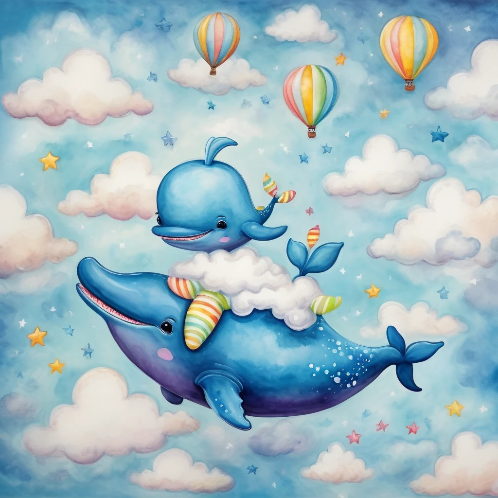 cute baby whales in the clouds, baby riding whale in the clouds, best quality, colorful, enchanting, whimsical