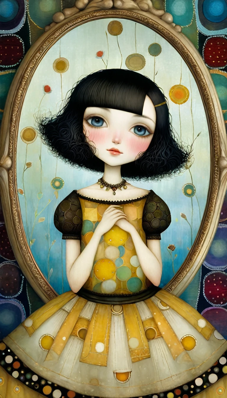European woman with short black hair, Wide Skirt, Woman with short black hair, Wide Skirt, She is smiling, resting her cheek in front of the broken mirror.。Close up of the face。 Klimt-inspired patchwork style, Nicoletta Ceccoli, Naoto Hattori, Laurence Didier, and Leonora Carrington, Complex patterns and details, Photorealistic 8K resolution, masterpiece quality, Bright and vibrant colors, Dramatic lighting casts surreal shadows, Fantastic and whimsical elements, Magical realism atmosphere, Wide-angle perspective creates an illusion.