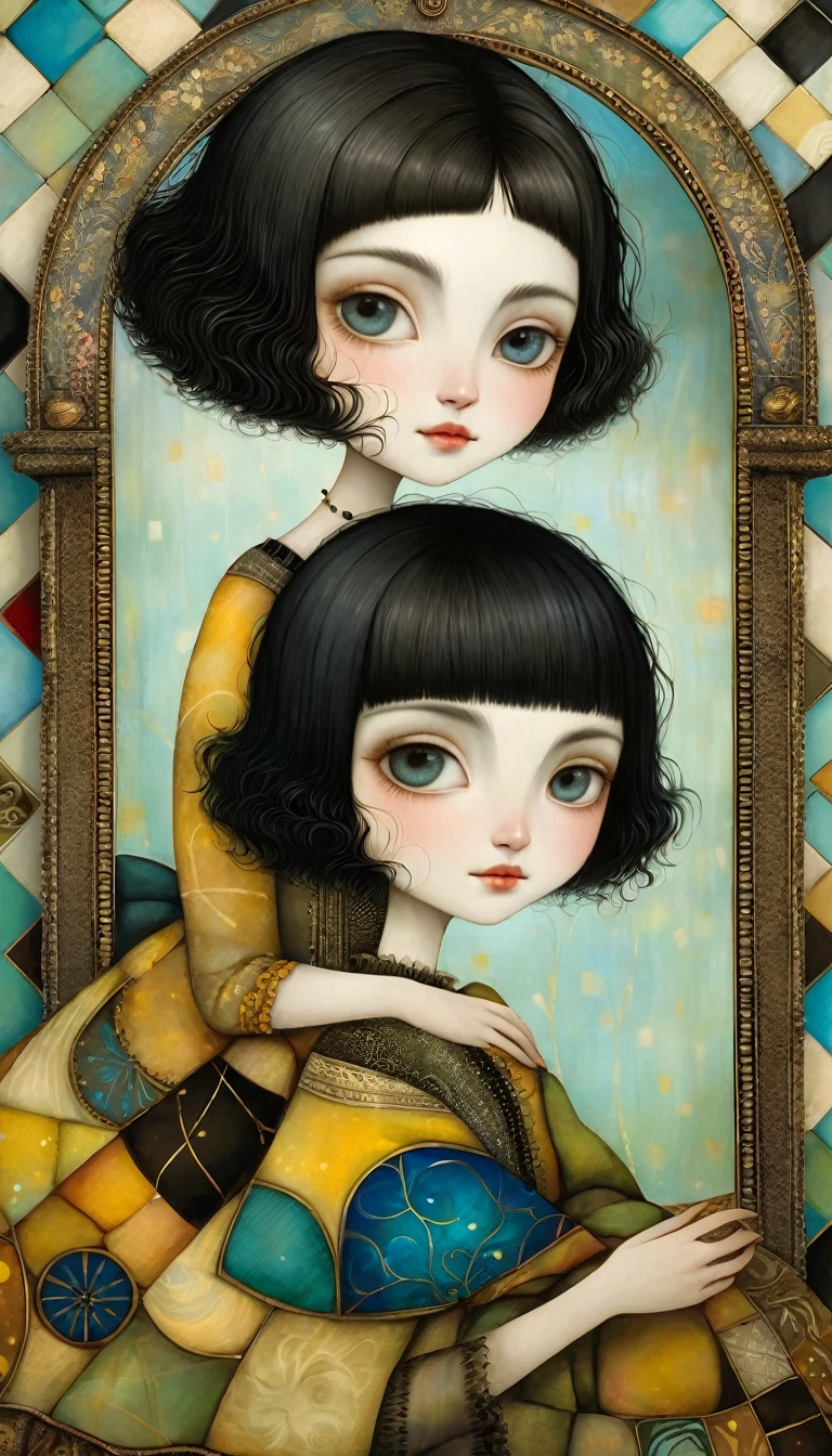European woman with short black hair, Wide Skirt, Woman with short black hair, Wide Skirt, She is smiling, resting her cheek in front of the broken mirror.。Close up of the face。 Klimt-inspired patchwork style, Nicoletta Ceccoli, Naoto Hattori, Laurence Didier, and Leonora Carrington, Complex patterns and details, Photorealistic 8K resolution, masterpiece quality, Bright and vibrant colors, Dramatic lighting casts surreal shadows, Fantastic and whimsical elements, Magical realism atmosphere, Wide-angle perspective creates an illusion.