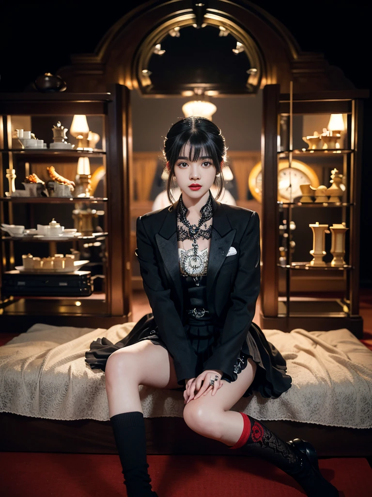 1-person One woman, , (((black tuxedo suit with lace, ruffles and chiffon))), (((flared mini skirt))), (((red-black hair))), (((thick bangs))) , (((princess cut))), (((double tail, double drill))), (((black lace knee-high socks))), (((pocket watch, high tea, chess))), very deep depth of field, dramatic and very dark cinema lighting, round face, very large dark gray jewel-like eyes, long eyelashes, thin nose, medium lips, very expressive lips, red lipstick, eyeliner, fair skin without blemishes, slim body, (((very realistic photos) )), (((16K, high resolution))), (((UHD))), (((highest quality))), (((masterpiece))), (((super detail ))), (( (anatomically correct))).