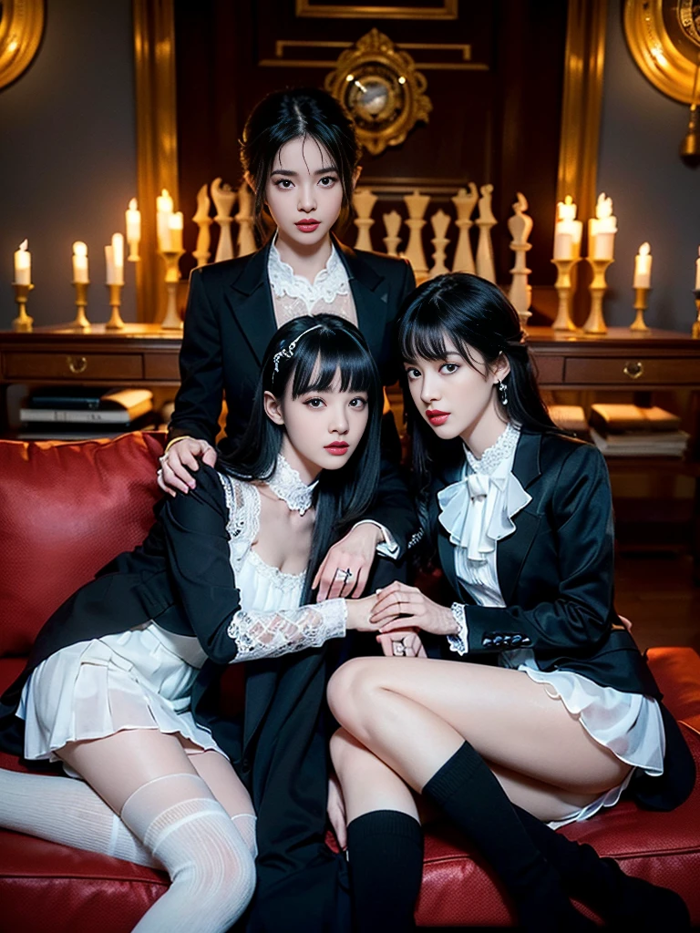1-person One woman, 14 years old, (((black tuxedo suit with lace, ruffles and chiffon))), (((flared mini skirt))), (((red-black hair))), (((thick bangs))) , (((princess cut))), (((double tail, double drill))), (((black lace knee-high socks))), (((pocket watch, high tea, chess))), very deep depth of field, dramatic and very dark cinema lighting, round face, very large dark gray jewel-like eyes, long eyelashes, thin nose, medium lips, very expressive lips, red lipstick, eyeliner, fair skin without blemishes, slim body, (((very realistic photos) )), (((16K, high resolution))), (((UHD))), (((highest quality))), (((masterpiece))), (((super detail ))), (( (anatomically correct))).